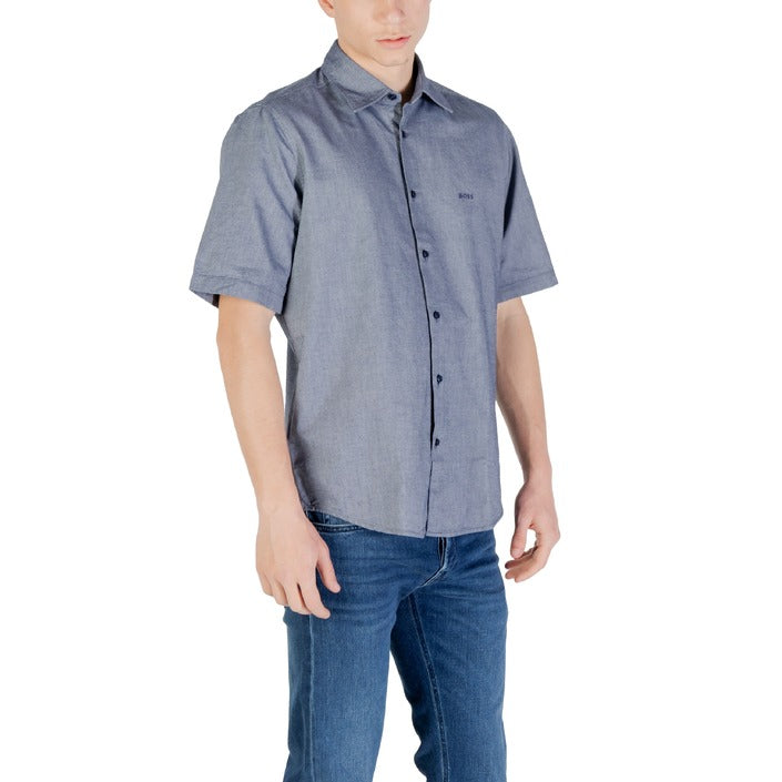Boss Homme Chemises Bleu Monochrome À Manches Courtes